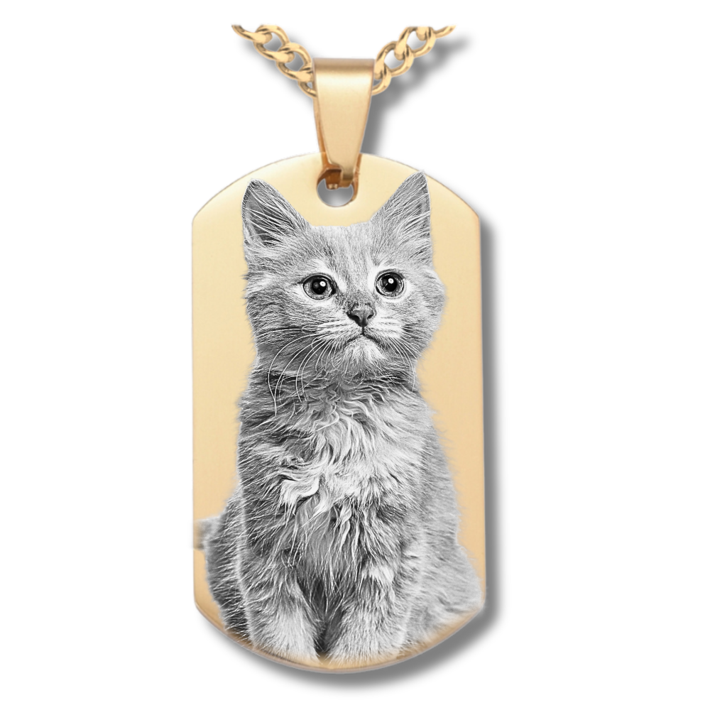 Personalisierte Dog Tag Kette in Gold mit Tier Fotogravur – Edelstahl Schmuck